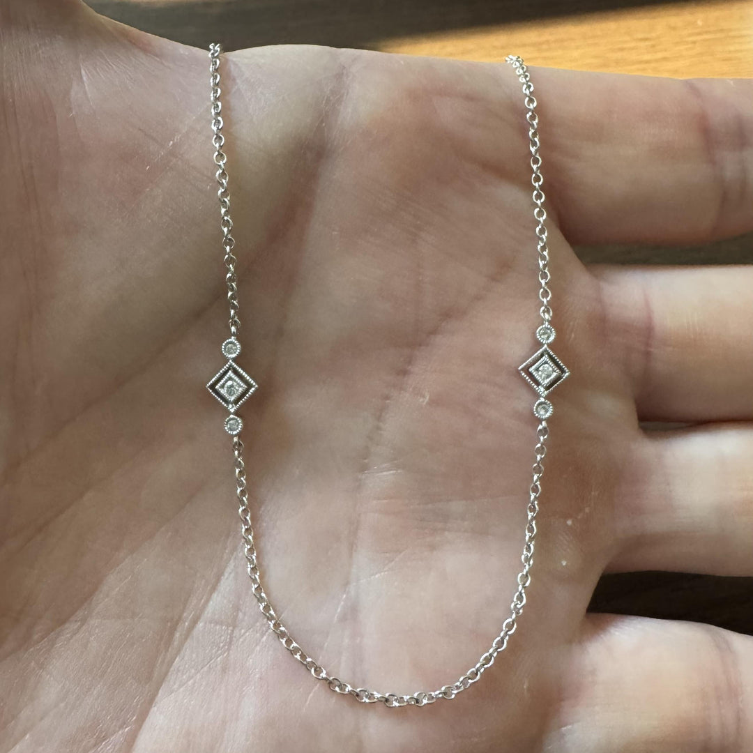 14k White Gold and Diamond Vintage Thin Station Necklace 16"