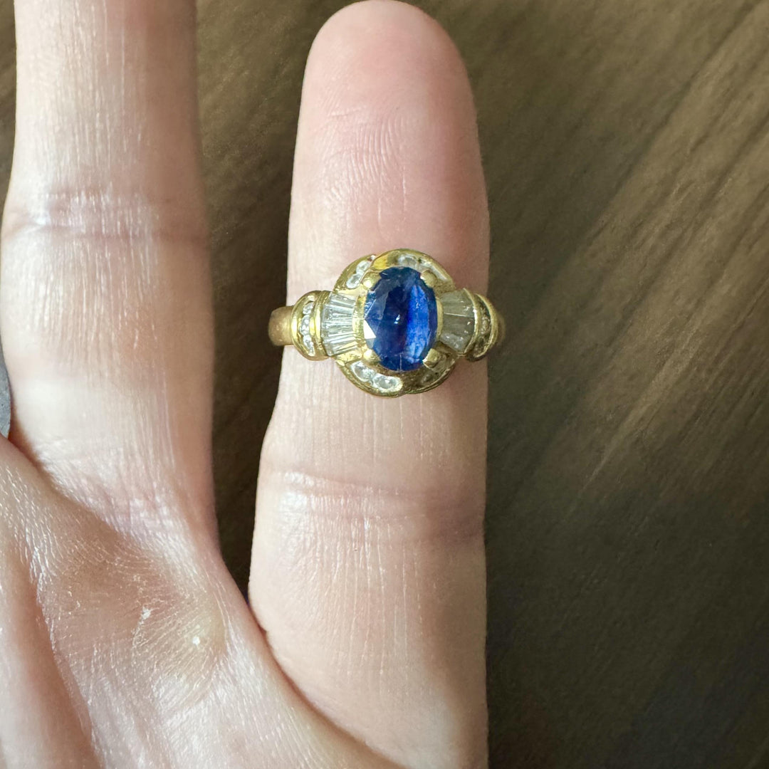 18k Yellow Gold Blue Sapphire and 0.75cttw Diamond Ladies Ring Size 6