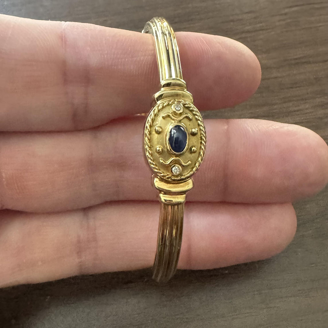 18k Yellow Gold Cabochon Sapphire and Diamond Vintage Bangle Bracelet 6.75"