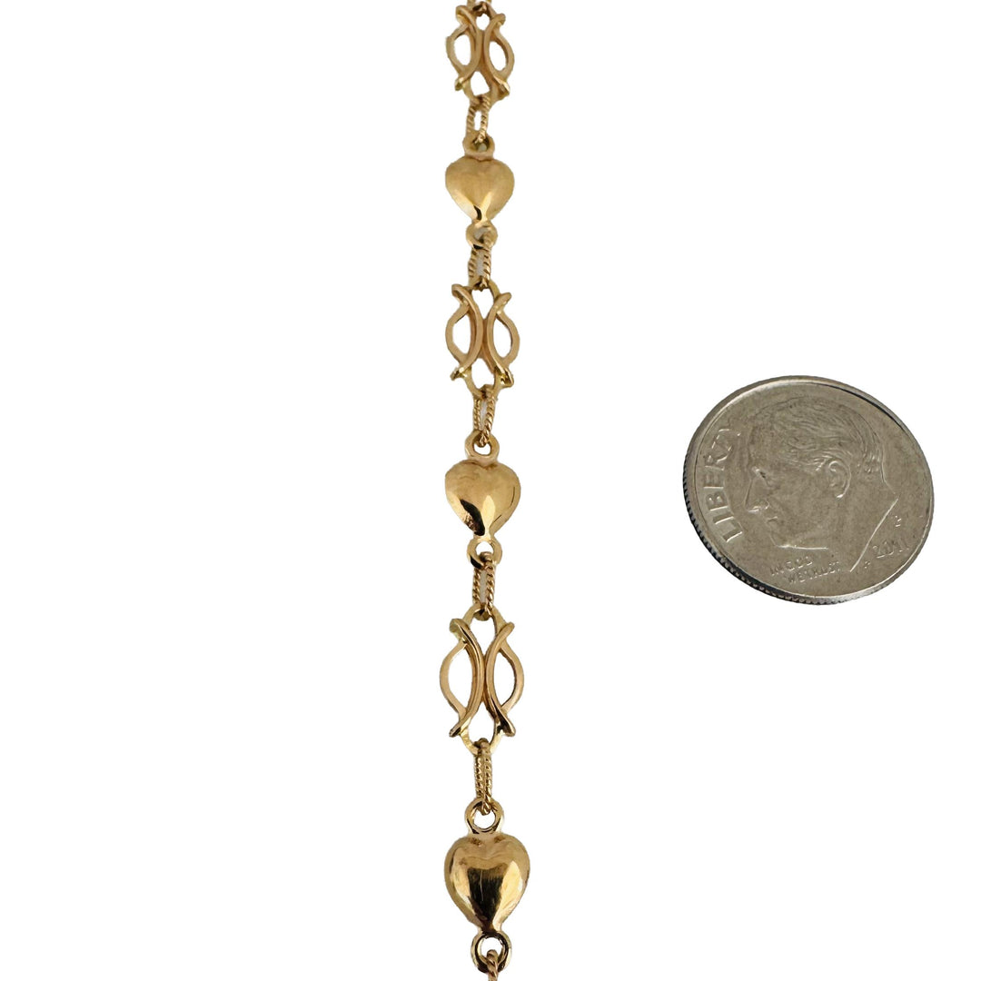 19k Portuguese Yellow Gold 4.8g Vintage Fancy Heart Link Bracelet 7.75"