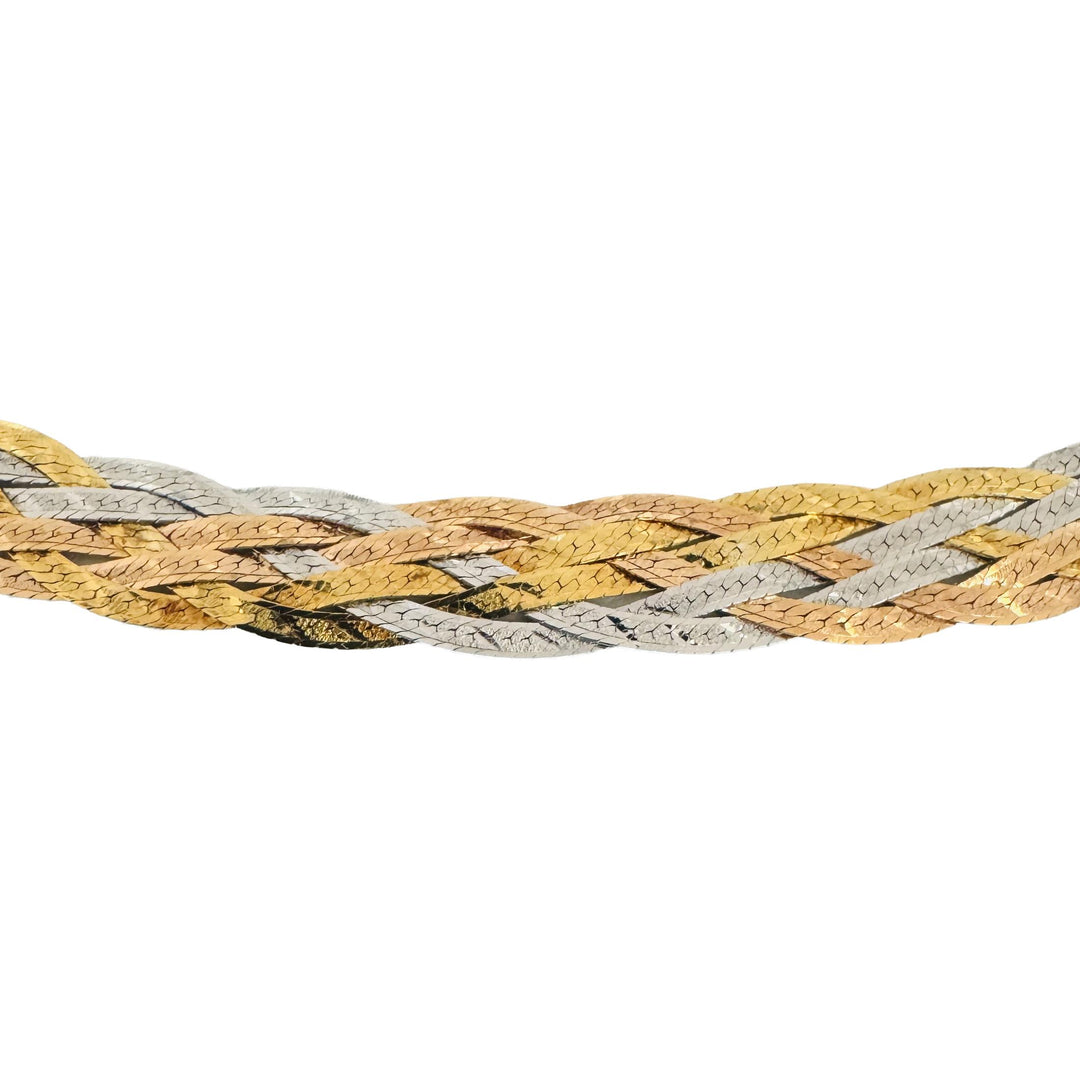 14k Yellow White and Rose Gold 17.8g Braided Herringbone Link Necklace Italy 16"