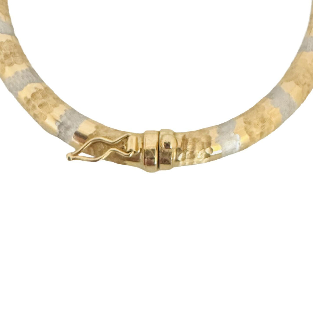 14k Yellow and White Gold 10.3g Textured Striped Bangle Bracelet Italy 7"