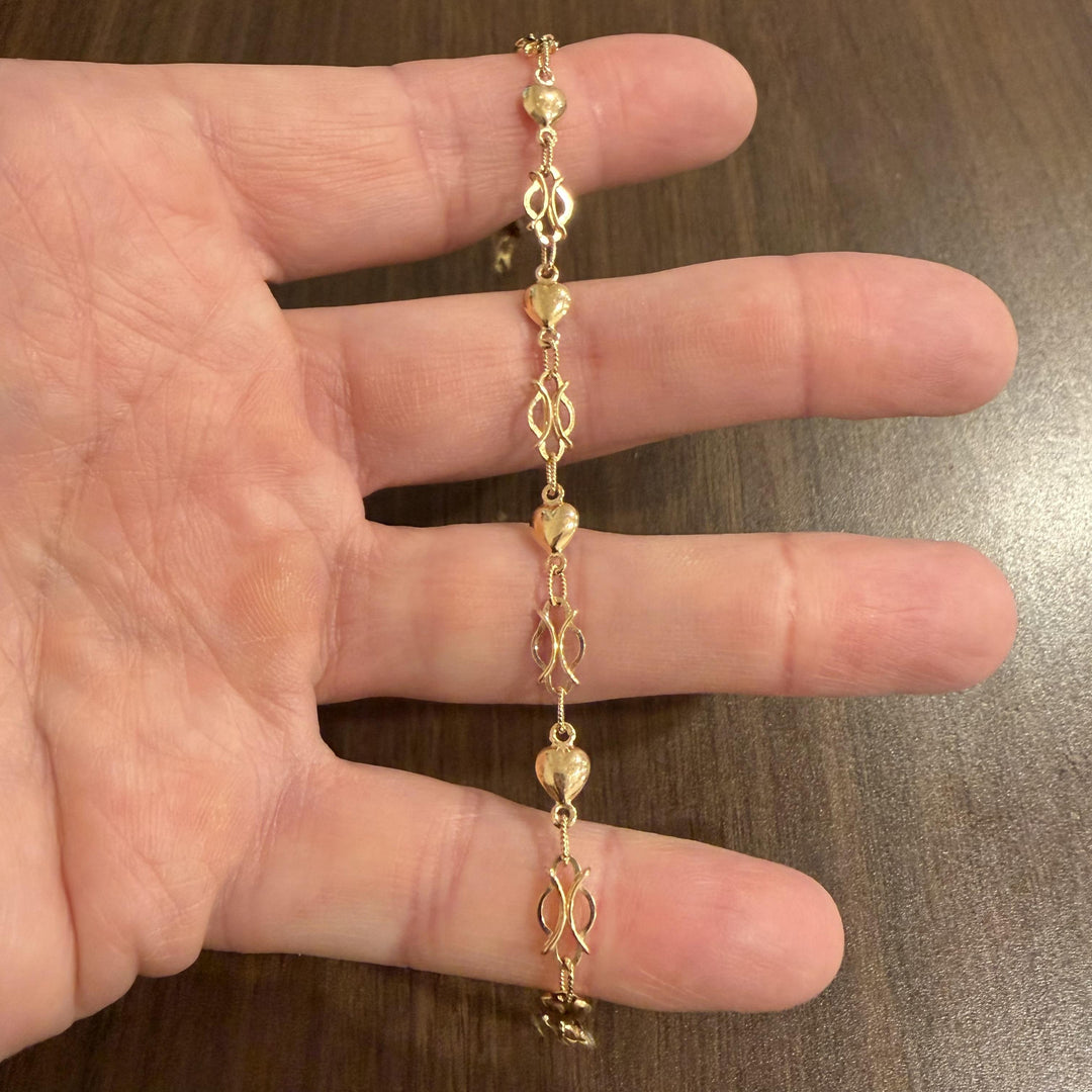 19k Portuguese Yellow Gold 4.8g Vintage Fancy Heart Link Bracelet 7.75"