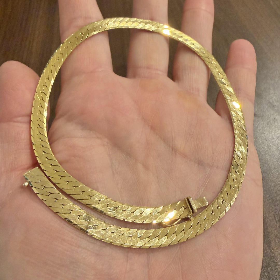 14k Yellow Gold 24g Solid Thick Herringbone Link Choker Necklace Italy 15"