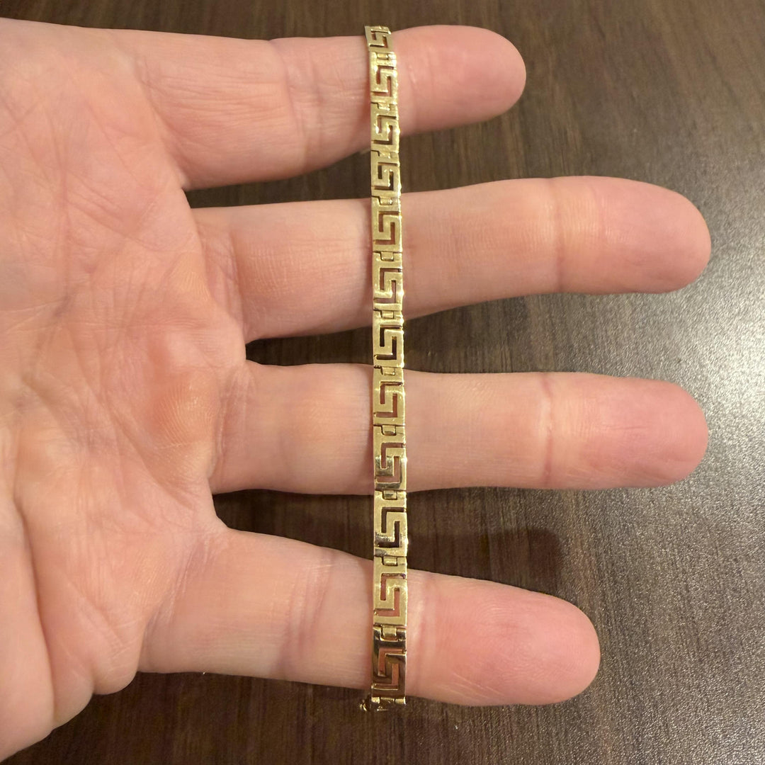 14k Yellow Gold 8.7g Greek Key 5mm Panel Link Bracelet 6.5"