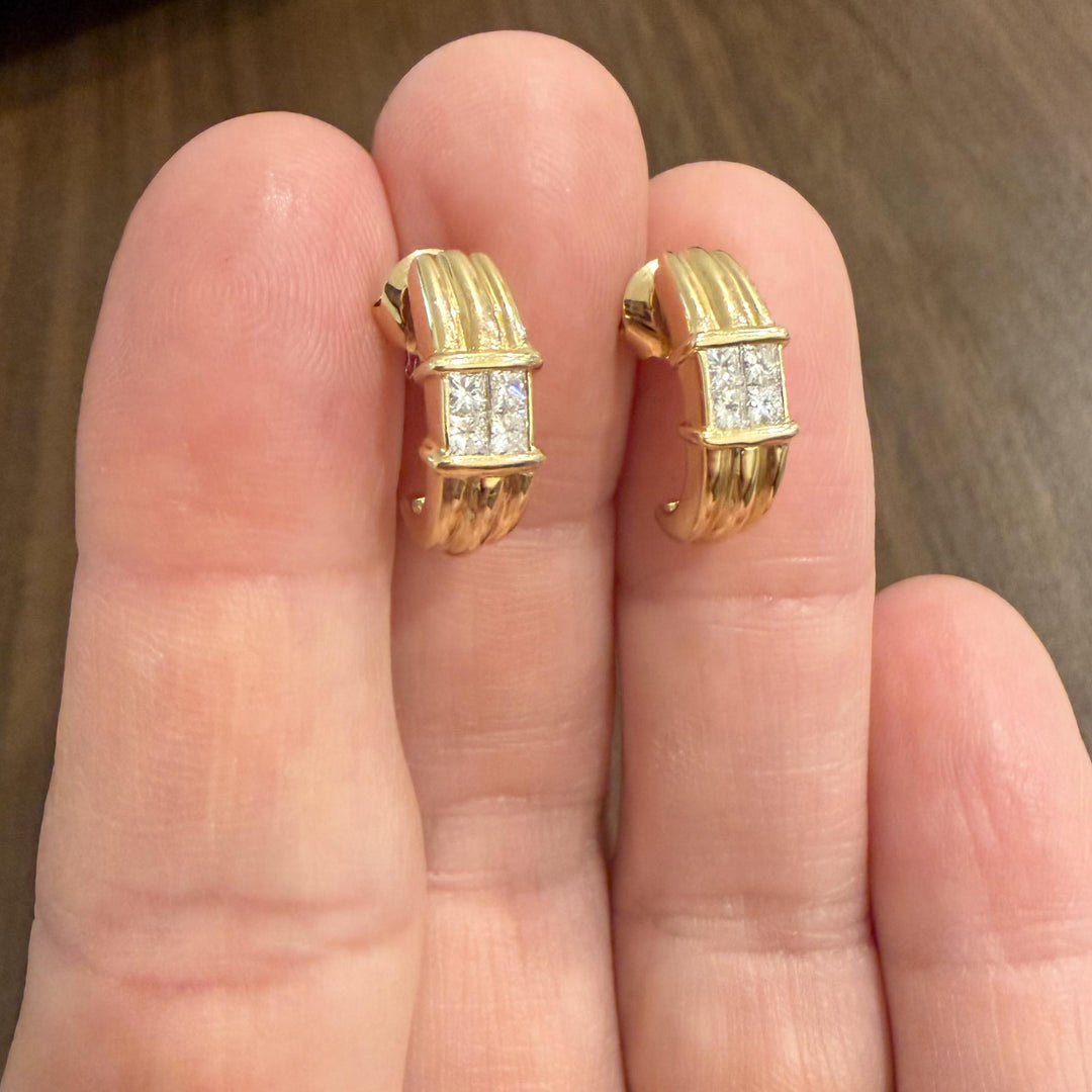 18k Yellow Gold and 0.60cttw Princess Cut Diamonds Half Hoop Earrings