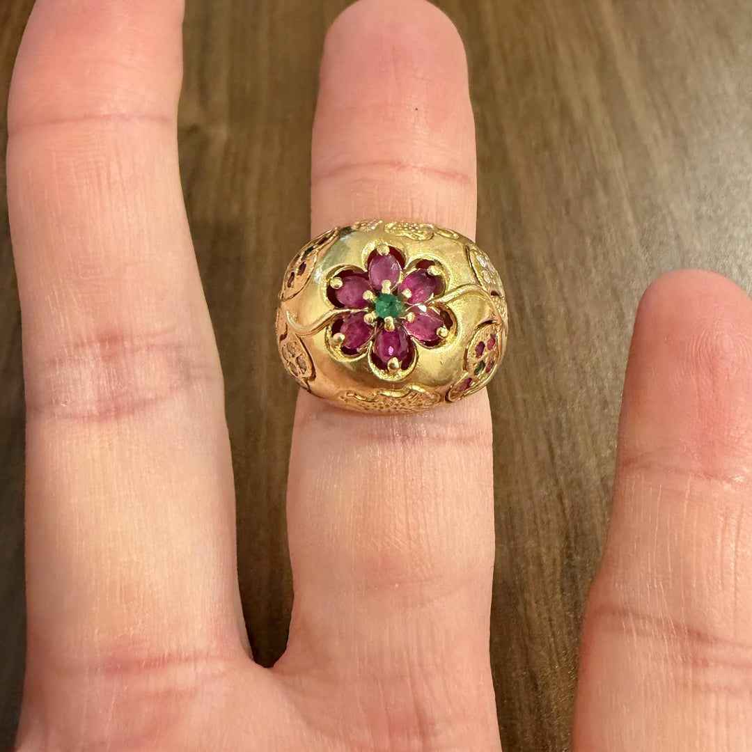 18k Yellow Gold 10.8g Vintage Ruby Emerald and Diamond Bombe Ring Size 7.75