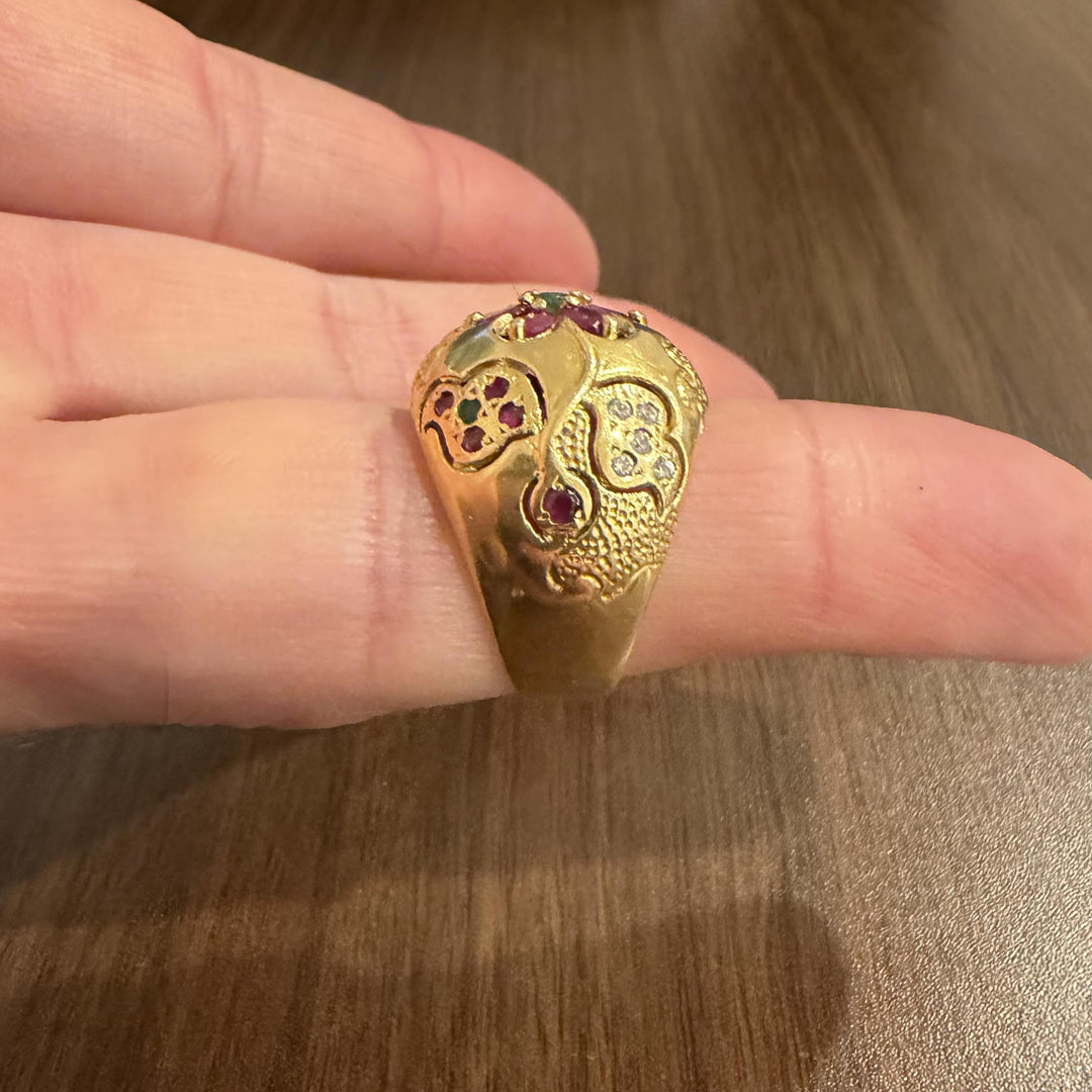 18k Yellow Gold 10.8g Vintage Ruby Emerald and Diamond Bombe Ring Size 7.75