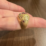 18k Yellow Gold 10.8g Vintage Ruby Emerald and Diamond Bombe Ring Size 7.75