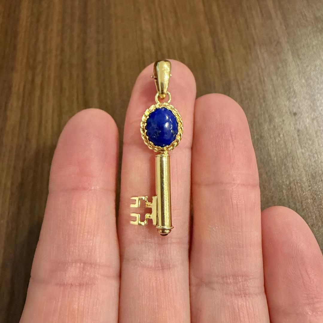 14k Yellow Gold and Lapis Lazuli 4.6g Vintage Key Pendant Italy 1.75"
