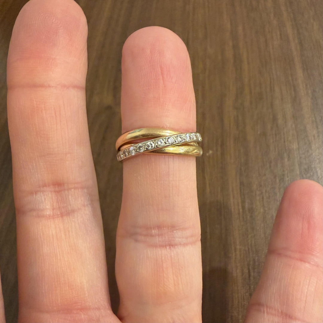 Cartier Vintage 18k Tri Tone Gold and Diamond Rolling Bands Ring Size 55