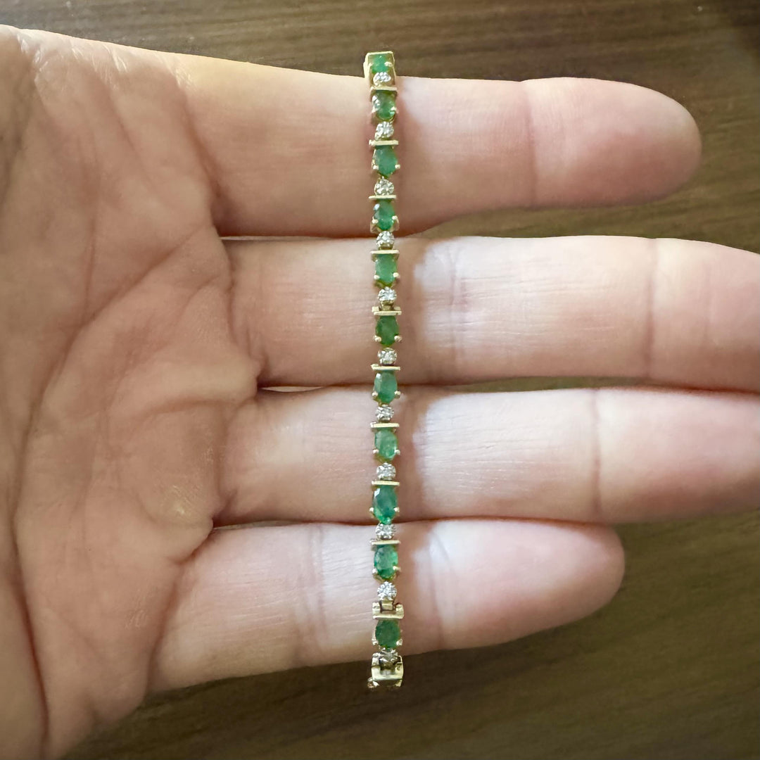 14k Yellow Gold Emerald and Diamond Ladies Link Bracelet 7"