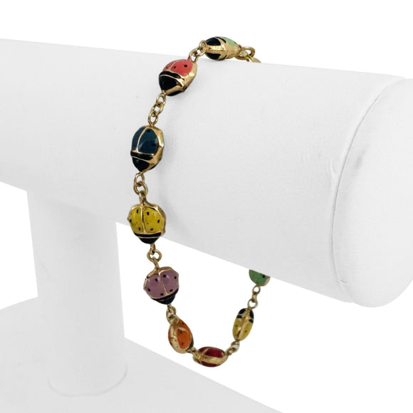 14k Yellow Gold and Enamel 3.6g Light Hollow Ladybug Link Bracelet 7