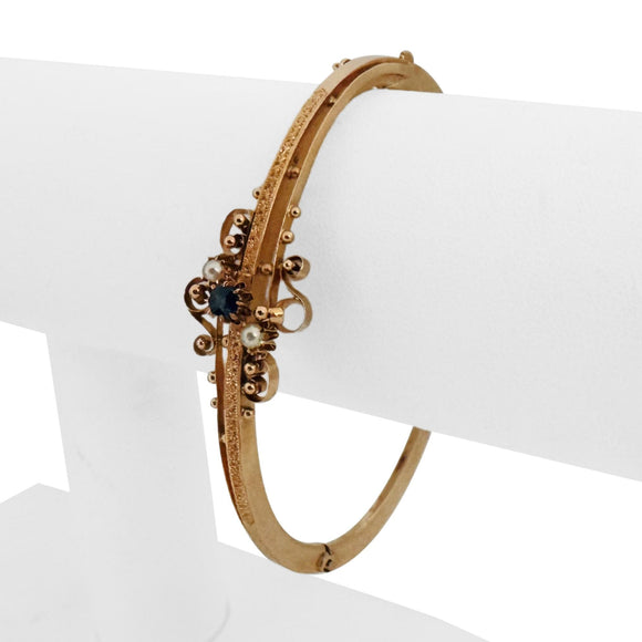 14k Yellow Gold Blue Sapphire and Seed Pearl Vintage Bangle Bracelet 6.75