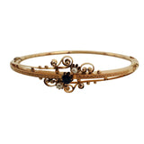 14k Yellow Gold Blue Sapphire and Seed Pearl Vintage Bangle Bracelet 6.75"