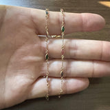 14k Yellow Gold 5.6g Figaro Link Green and Pink Glass Station Necklace Italy 18"