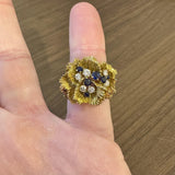 18k Yellow Gold Sapphire and Diamond Heavy Vintage Floral Ring Size 7