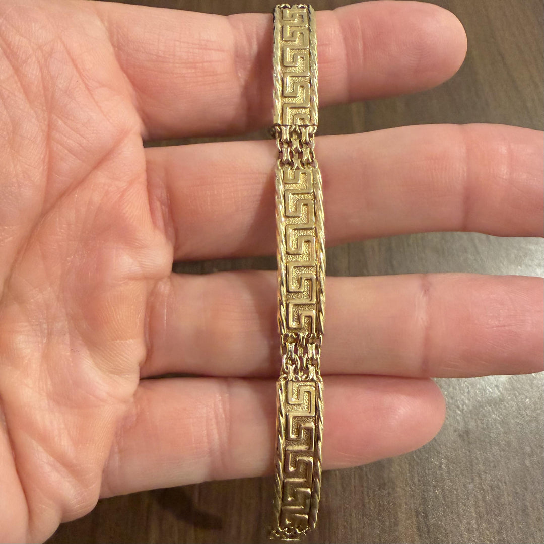 14k Yellow Gold 10.2g Vintage Greek Key 8mm Panel Link Bracelet Italy 7"