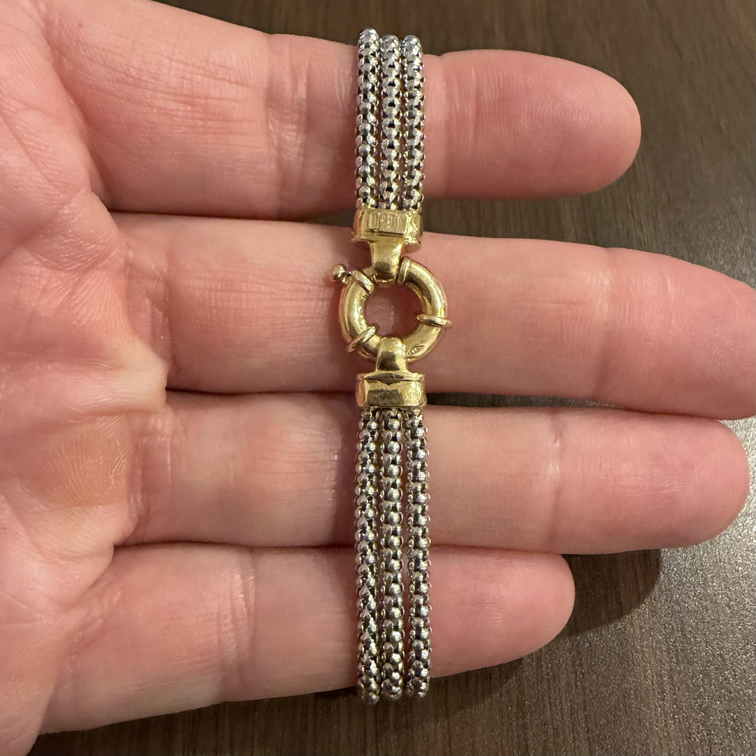14k Yellow and White Gold 11.9g UnoaErre Three Strand Popcorn Bracelet Italy 7"