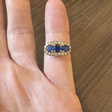 18k Yellow Gold Three Stone Blue Sapphire and Diamond Halo Ring Size 6.75