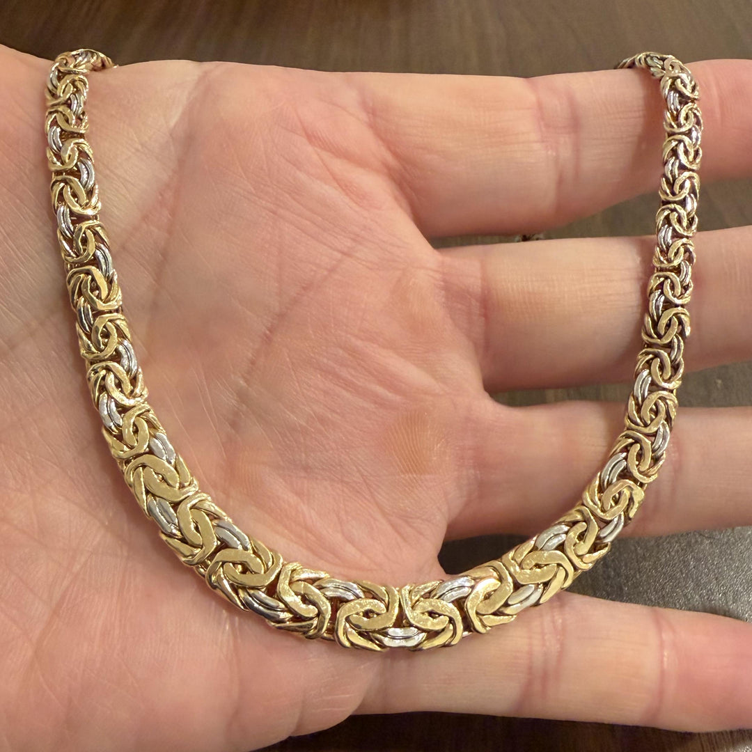 14k Yellow and White Gold 14.5g Graduated Byzantine Link Necklace 15"