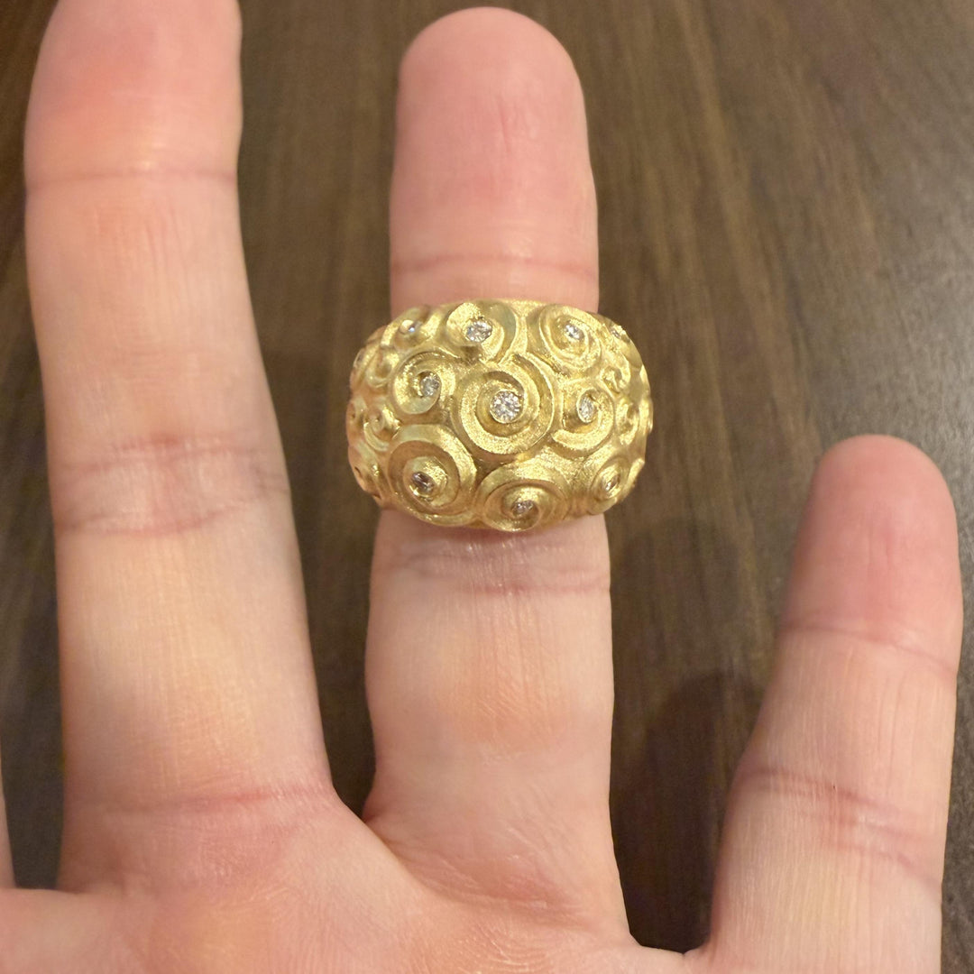 18k Yellow Gold and Diamond Solid Heavy Vintage Bombe Scroll Ring Size 7
