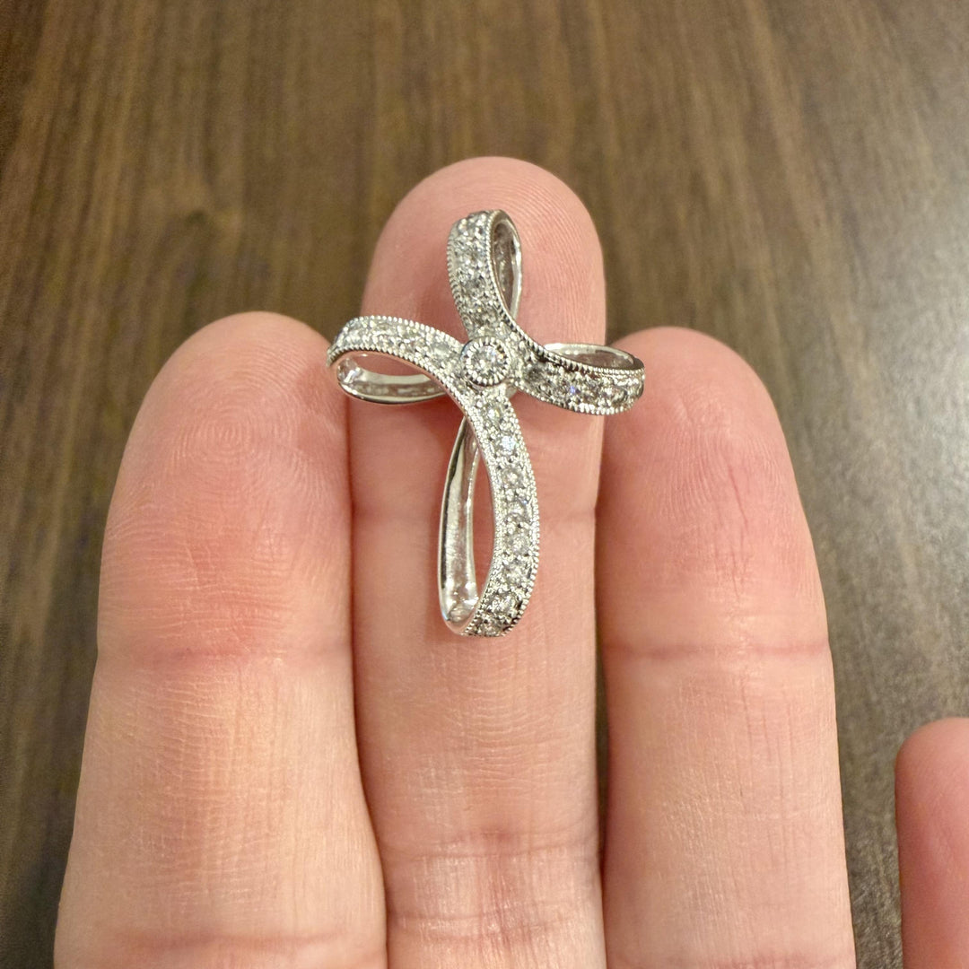 14k White Gold and 0.30cttw Diamond Fancy Vintage Cross Pendant 1.25"
