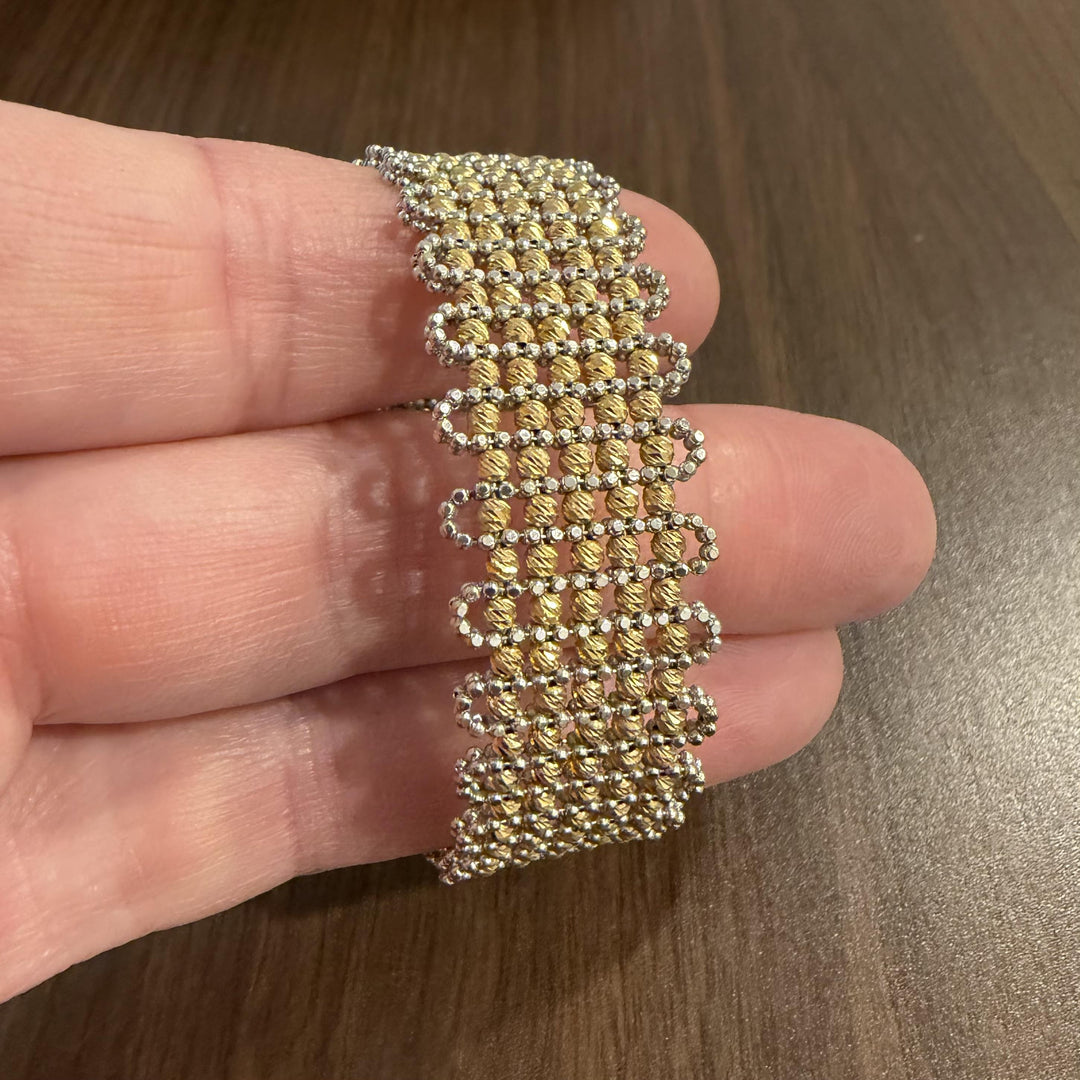 18k Yellow and White Gold 27g Beaded Flex Cuff Bracelet Italy 6.5"