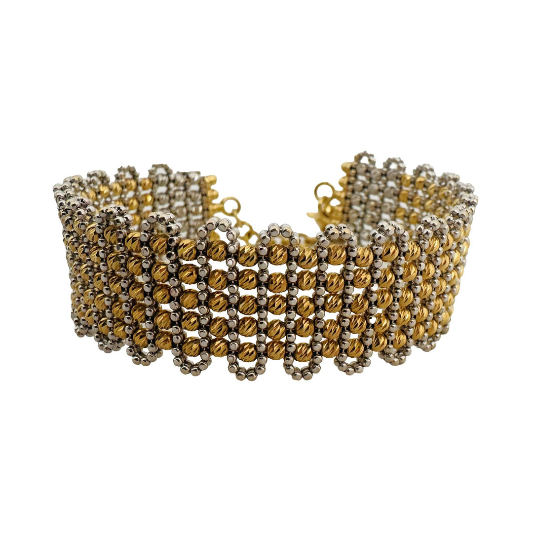 18k Yellow and White Gold 27g Beaded Flex Cuff Bracelet Italy 6.5"