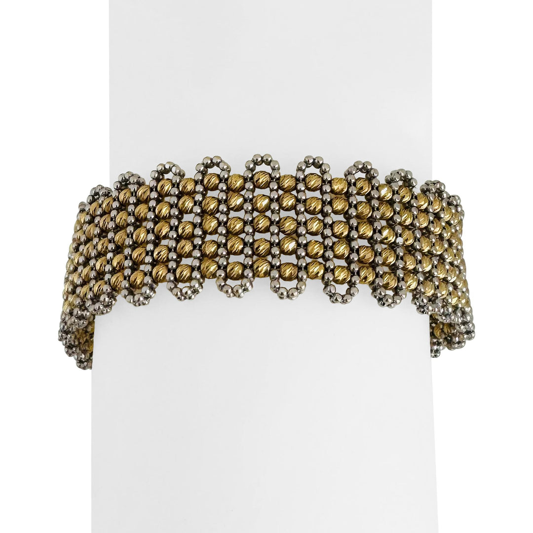 18k Yellow and White Gold 27g Beaded Flex Cuff Bracelet Italy 6.5"