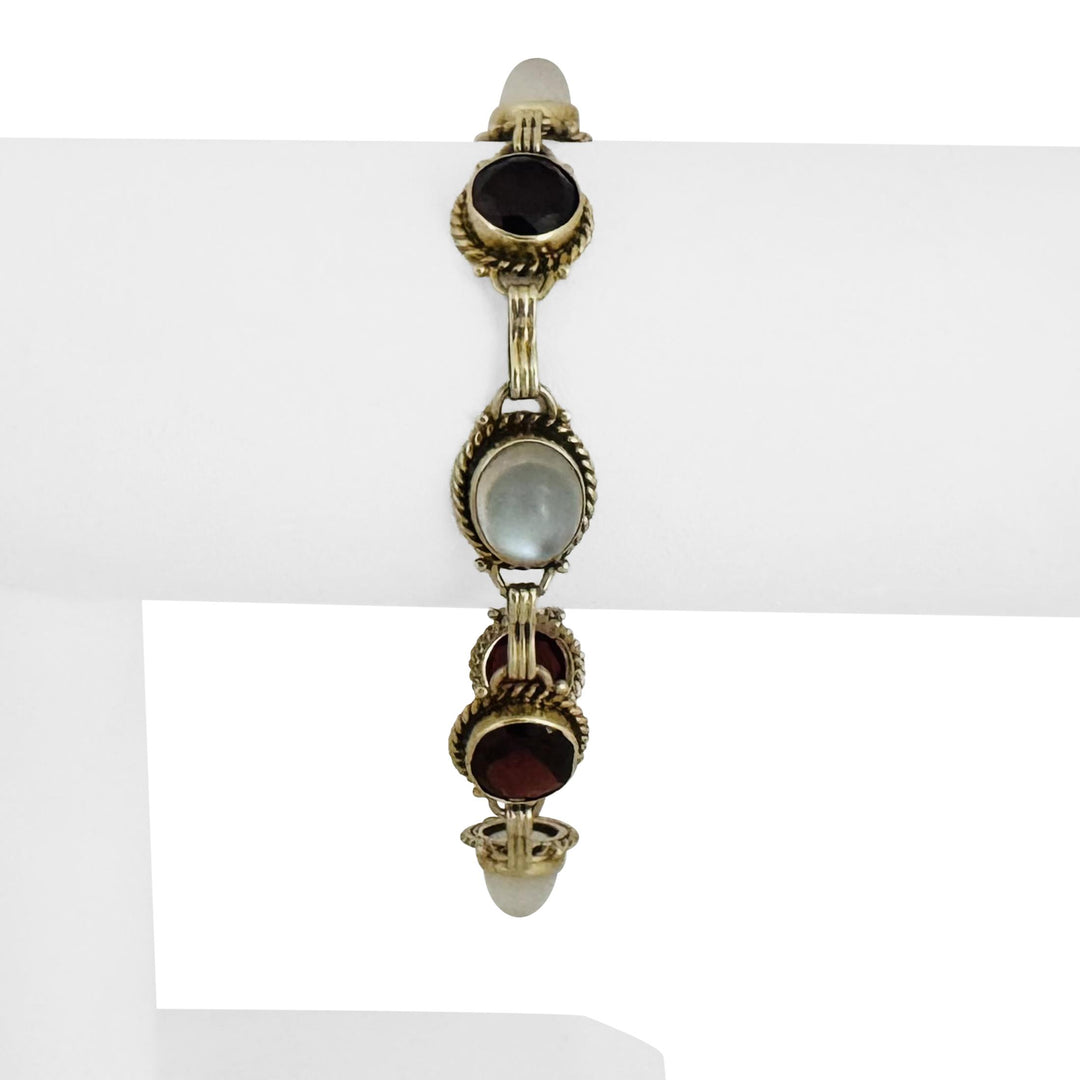 14k Yellow Gold Garnet and Moonstone 16.2g Vintage Link Bracelet 7"