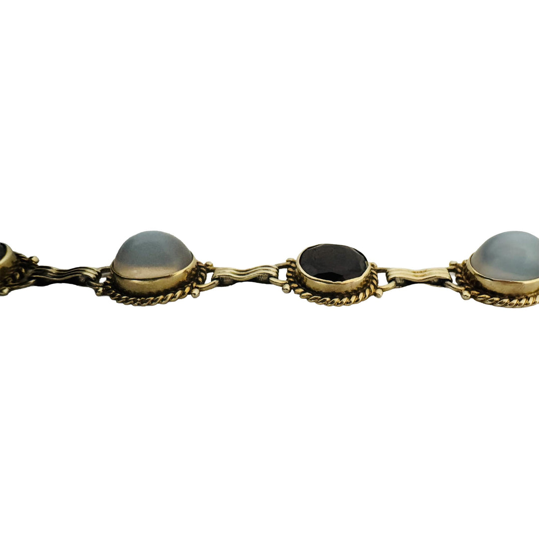 14k Yellow Gold Garnet and Moonstone 16.2g Vintage Link Bracelet 7"