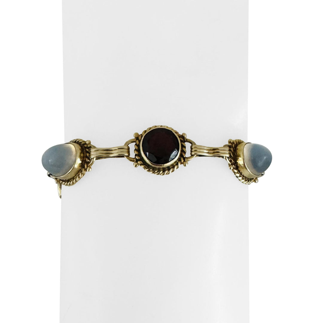 14k Yellow Gold Garnet and Moonstone 16.2g Vintage Link Bracelet 7"