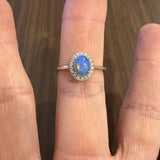 14k White Gold Cabochon Opal and Diamond Halo Ring Size 10