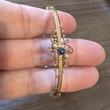 14k Yellow Gold Blue Sapphire and Seed Pearl Vintage Bangle Bracelet 6.75"