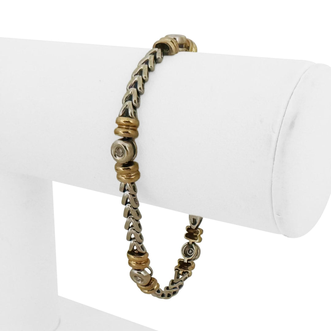 14k White and Yellow Gold Bezel Set Diamond Station Fancy Link Bracelet 7"