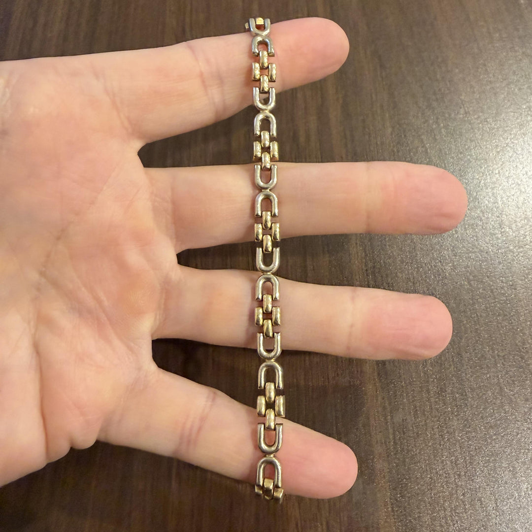 14k Yellow and White Gold 13.2g Vintage 7mm Fancy Link Bracelet Italy 7.75"