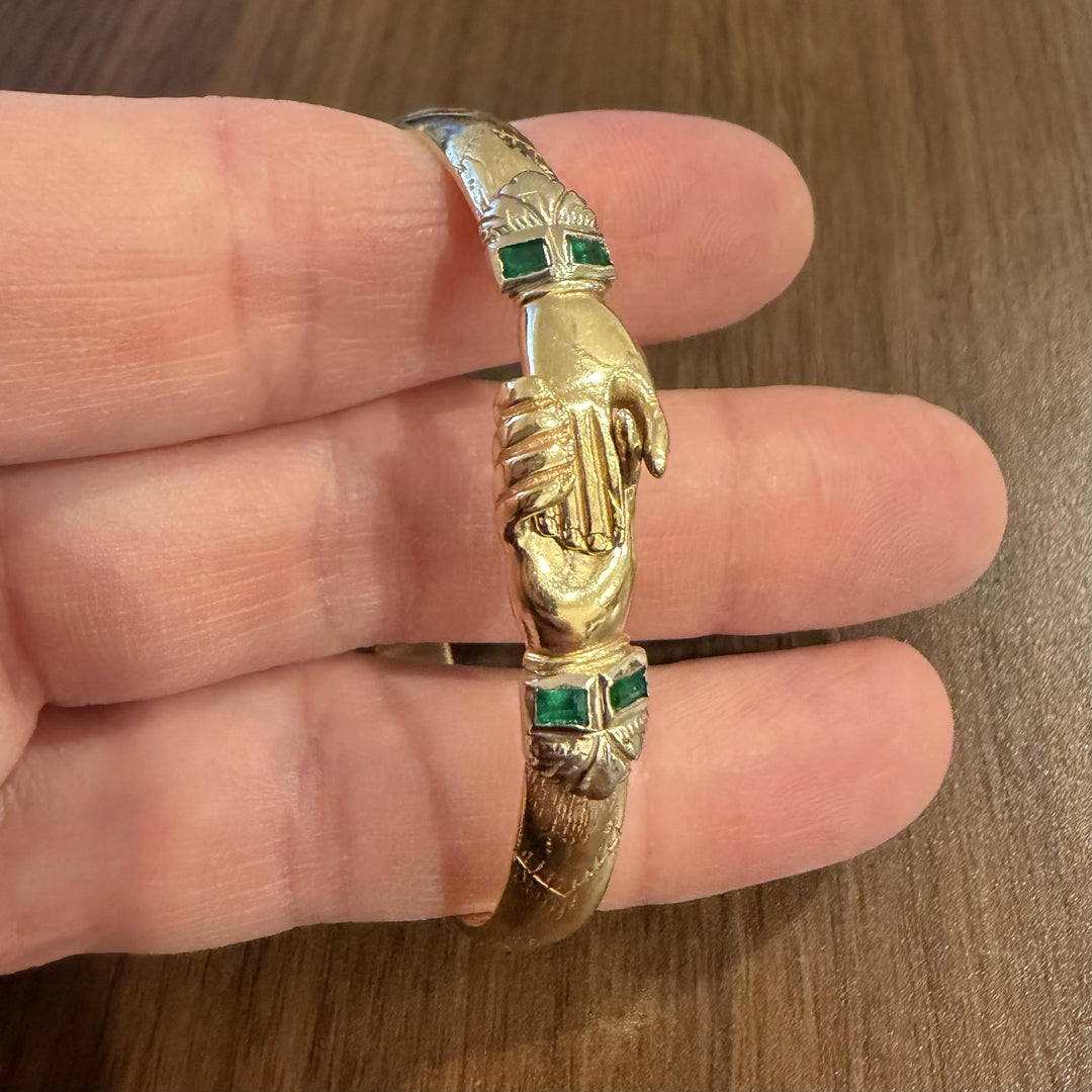 14k Yellow Gold and Emerald 33.7g Solid Heavy Vintage Bangle Bracelet 6.75"