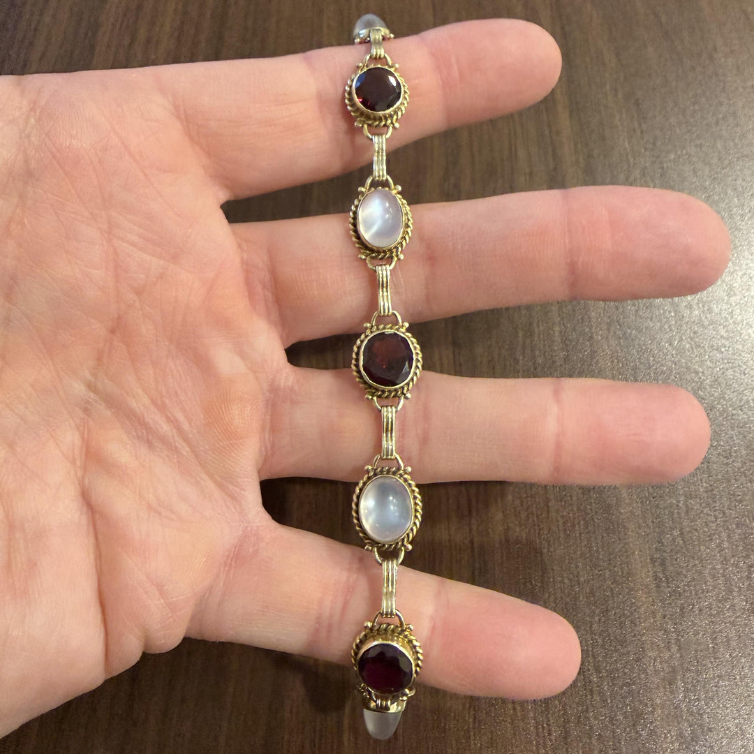 14k Yellow Gold Garnet and Moonstone 16.2g Vintage Link Bracelet 7"