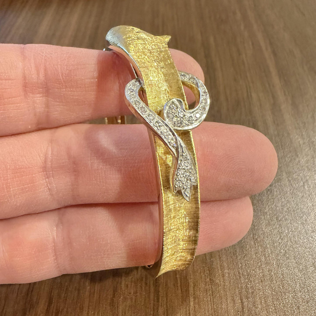 14k Yellow and White Gold Diamond Vintage Solid Fancy Bangle Bracelet 6.75"