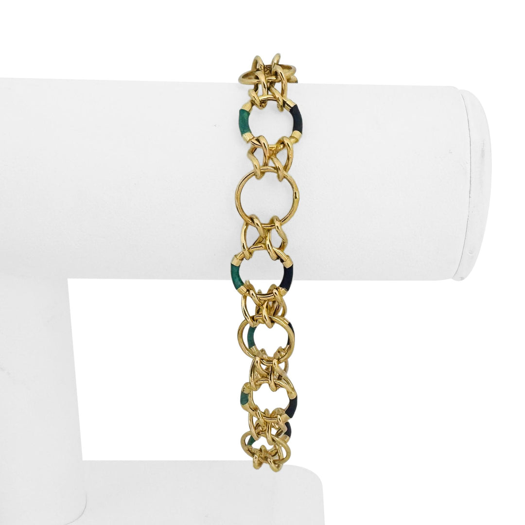 18k Yellow Gold and Enamel 10.2g Ladies Fancy Circle Link Bracelet Italy 8.5"