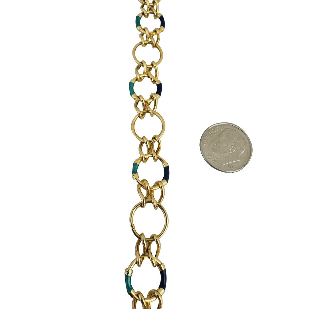 18k Yellow Gold and Enamel 10.2g Ladies Fancy Circle Link Bracelet Italy 8.5"
