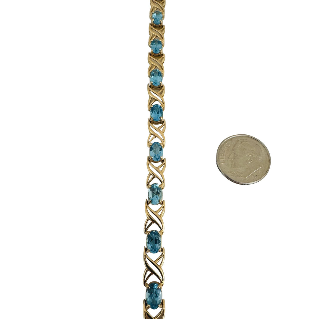 14k Yellow Gold and Blue Topaz 9.7g Ladies X Link Bracelet 7.25 Inches