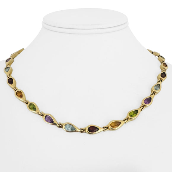 14k Yellow Gold and Bezel Set Multi Gemstone 37g Ladies Link Necklace 17