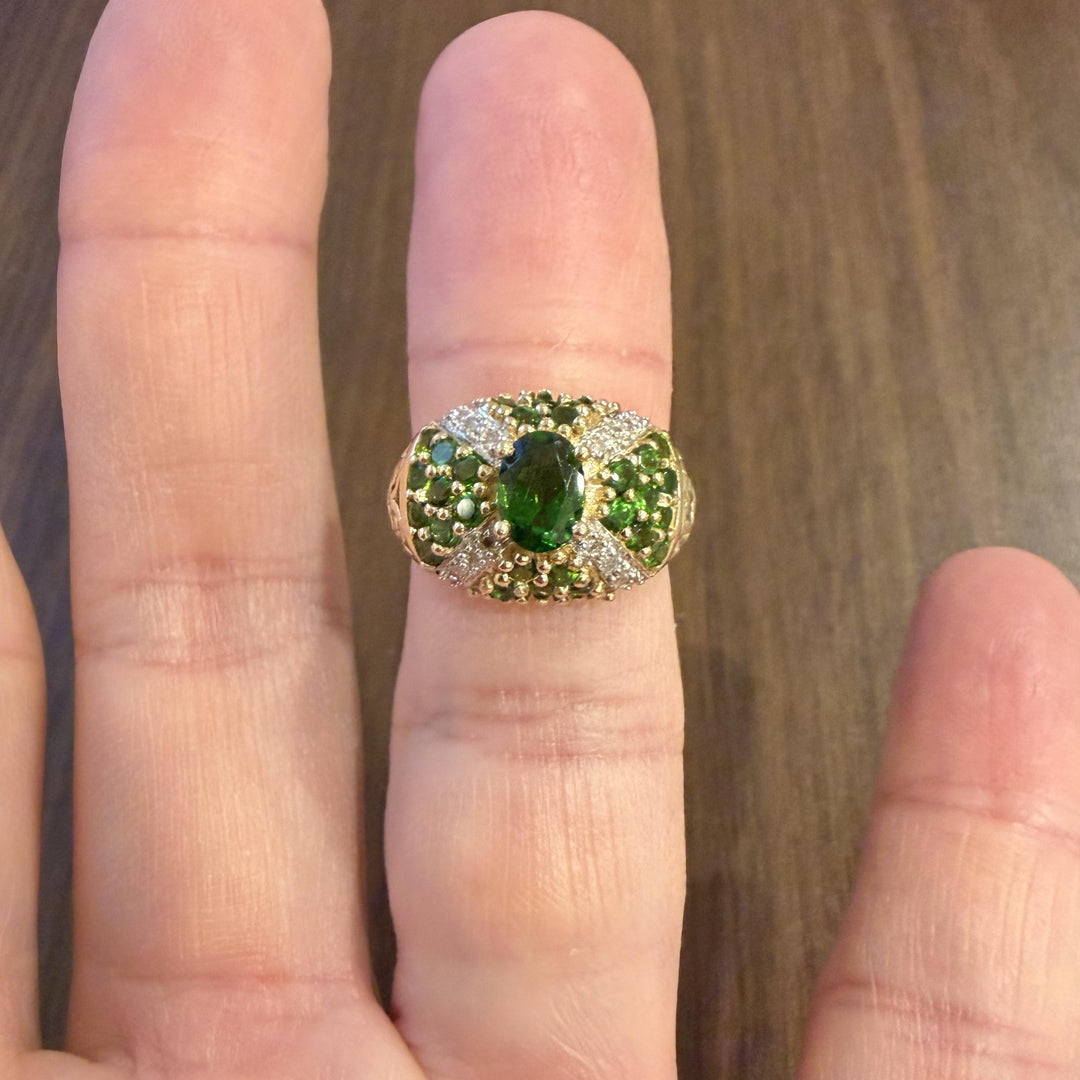 14k Yellow Gold Tsavorite and Diamond Ladies Ring Size 7