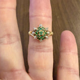 14k Yellow Gold Emerald and Diamond Floral Cluster Ring Size 6.25