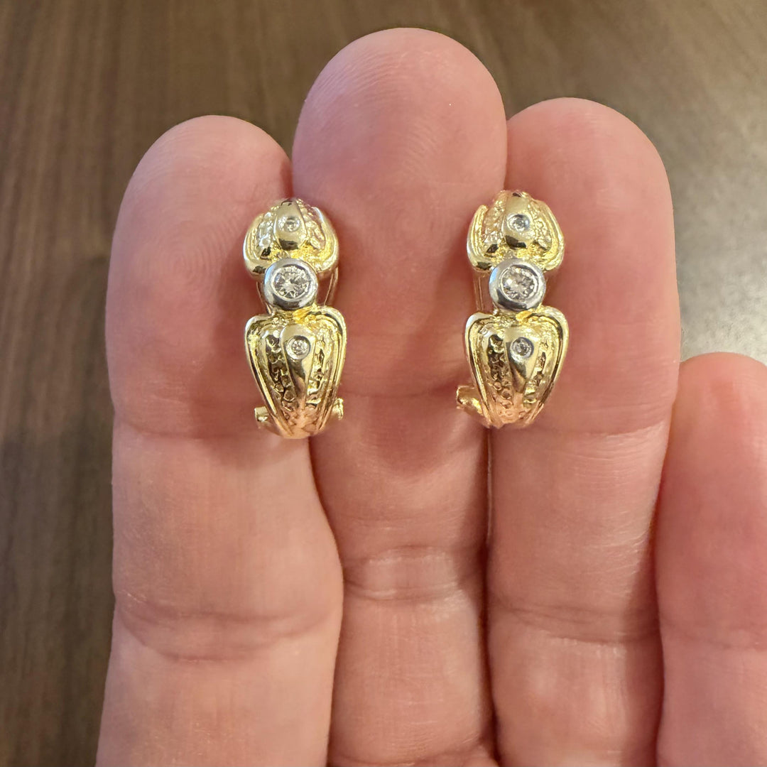 14k Yellow and White Gold Bezel Diamond Vintage Huggie Earrings