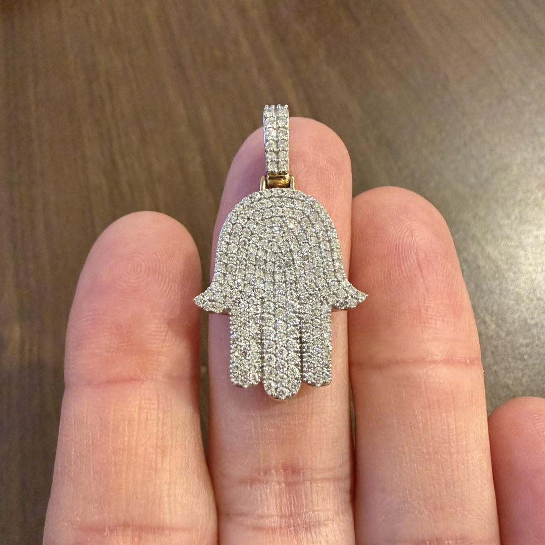 10k Yellow Gold and 1.50cttw Pave Diamond Hamsa Pendant 1.5"