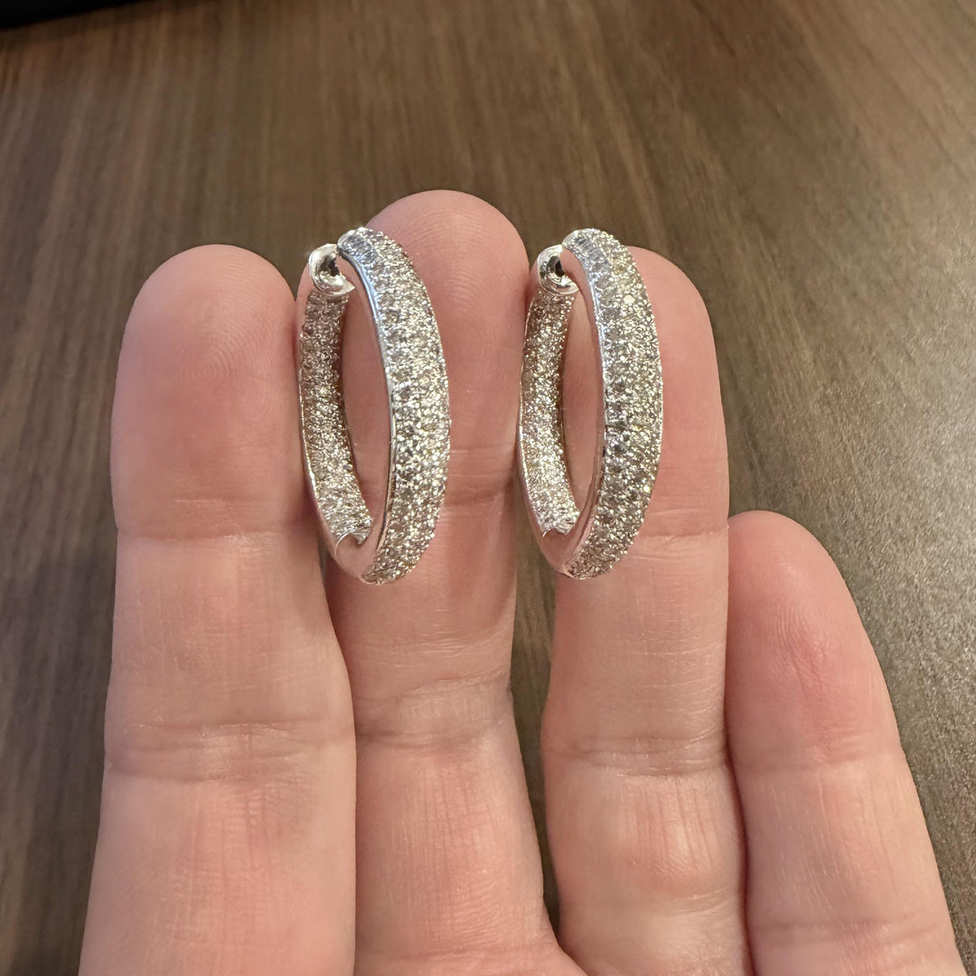 18k White Gold and 3cttw Pave Diamond Inside Out Hoop Earrings 1.25"