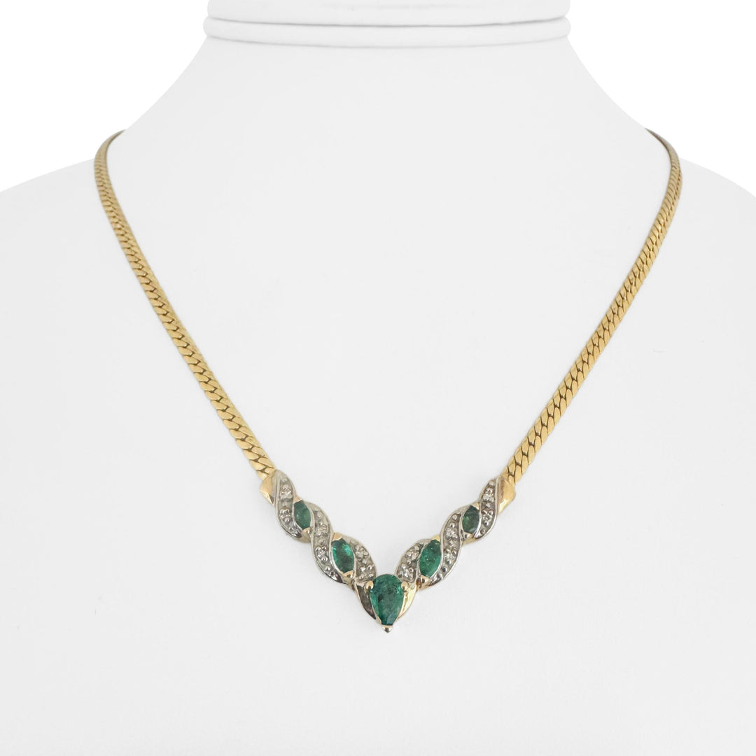14k Yellow Gold 7.3g Emerald and Diamond Herringbone Pendant Necklace Italy 17"